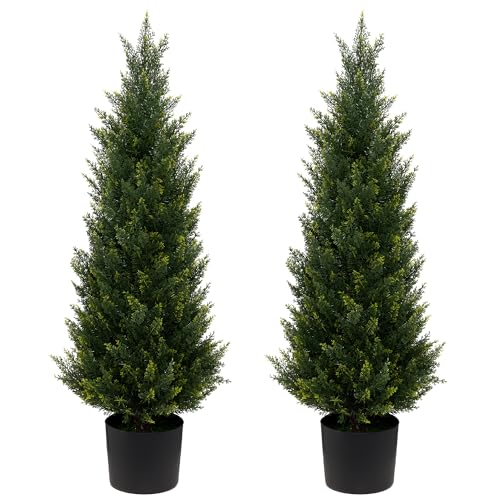 JoyPower 3FT Artificial Cedar Trees Artificial Pine Tree UV Resistant Potted Plant Set of 2 Artificial Outdoor Tree Artificial Plants for Indoor Outdoor Garden Home Decor