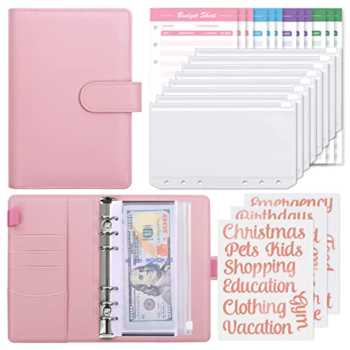 SKYDUE Budget Binder with 8pcs Zipper Envelopes,Money Organizer with 12pcs Expense Sheets & 24 Rose Gold Sticky Labels,Budget Organizer for Cash