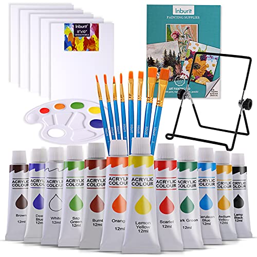 Inburit Art Paint Set for Kids, Painting Supplies Kit with 5 Canvas Panels, 8 Brushes, 12 Acrylic Paints, Table Easel, Etc, Premium Paint Set for Students, Kids and Beginner.