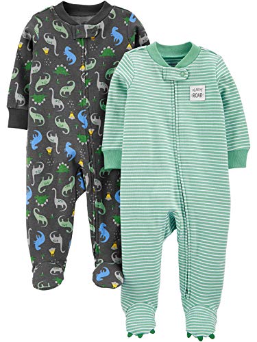 Simple Joys by Carter's Baby Boys' 2-Way Zip Cotton Footed Sleep and Play, Pack of 2, Dark Grey Dinosaur/Mint Green Stripe, 6-9 Months