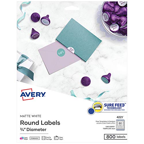 Avery Printable Round Labels with Sure Feed, 3/4' Diameter, Matte White, 800 Customizable Labels (4221)