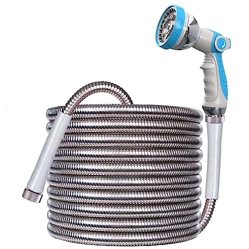 Das perfekte werkzeug Hose - 304 Stainless Steel Garden Hose 50ft - metal expandable Garden Hose with 10 Function Nozzle - Flexible no Kinking Water Hose,3/4 in,Dogproof,for Yard, Outdoor