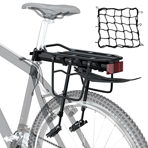 Bike Cargo Rack w/Fender & Bungee Cargo Net & Reflective Logo,Quick Release Mountain Road Bicycle Rear Racks,Universal Adjustable Bike Luggage Touring Carrier Rack,Large Capacity Bike Pannier Rack