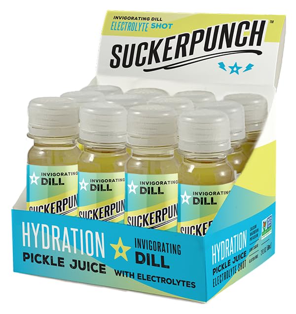Suckerpunch Hydration Pickle Juice Shot, Dill Flavored, Gluten Free, Post Workout Dill Electrolyte Drink, Low Calorie, Muscle Cramp Defense, Potassium, Keto Friendly, Low Sugar, Non GMO, 2 Oz, 12 CT