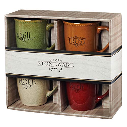 Christian Art Gifts Set of Four Rustic Stoneware Coffee/Tea Mugs w/Bible Verses Sage Green, Ivory, Paprika Red, Pumpkin Orange Inspirational Coffee/Tea Cup for Men and Women