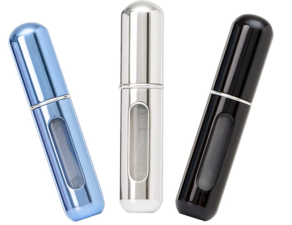 HINNASWA Portable Mini Refillable Perfume Empty Spray Bottle Atomizer Bottom Refill Pump Case for Traveling and Outgoing 3 Pcs Pack of 5ml (Bright Silver, Bright Black, Bright Blue)
