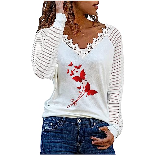Amazon Clearance Items Outlet 2023 Womens Tops Trendy Western V Neck Lace Tshirts Fall Fashion Clothes Soft Casual Solid Tunics Pullover Blouses C-red