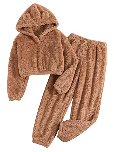 SOLY HUX Girl's Bear Ear Fuzzy Drop Shoulder Hoodie Sweatshirt with Sweatpants Two Piece Outfit Pure Brown 10Y