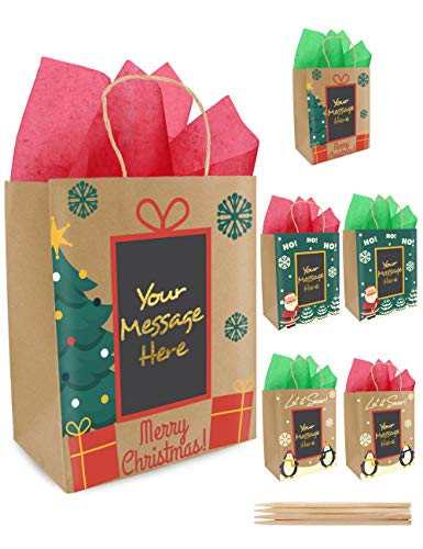 PURPLE LADYBUG 6 Personalized Christmas Gift Bags with Tissue Paper - Cool Kraft Christmas Bags for Gifts, Holiday Gift Bags Medium Size, Gift Bags for Christmas Presents with 3 Unique Designs