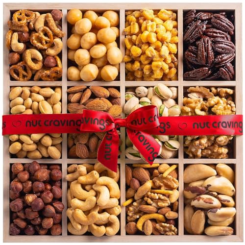 Nut Cravings Gourmet Collection - Mixed Nuts Gift Basket in Reusable Wooden Tray + Heart Ribbon (12 Assortments) Arrangement Platter, Healthy Kosher USA Made