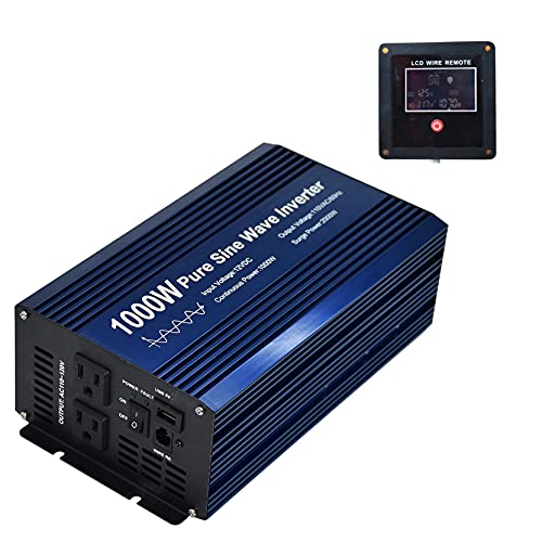 Fit4Less Pure Sine Wave Power Inverter 1000W DC12V to AC 110V with Dual sockets and USB, LCD Remote kit. (1000W)