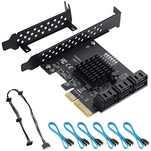 BEYIMEI PCIE 4X to 6 SATA Expansion Card, 6Gbps SATA3.0 Controller Card with LED Monitor Indicator, 6 SATA Cables, SATA 15 PIN 1 to 4 Power Cable for Win10/8/7/ XP/Vista/Lnux-ASM1166