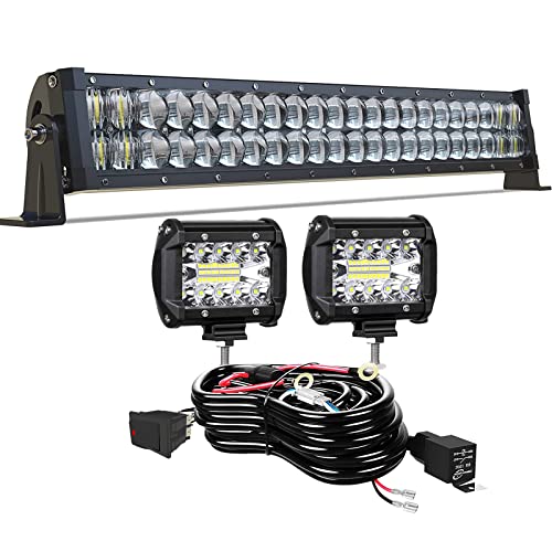 22 Inch LED Light Bar TURBO SII 5D 120W Flood Spot Combo Beam Offroad Driving Light 2Pcs 4 Inch 60W Led Pod Cube Lights w/Wiring Harness 3-Leads for Trucks Polaris RZR ATV UTV SUV Boats