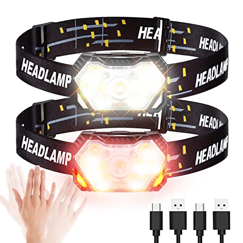 GOANDO Headlamp Rechargeable 2500 Lumen LED Head Lights for Forehead 2 Pack Bright Head Lamp with Red Light Sensor Mode Waterproof Flashlights Running Lights for Running Cycling Working Camping