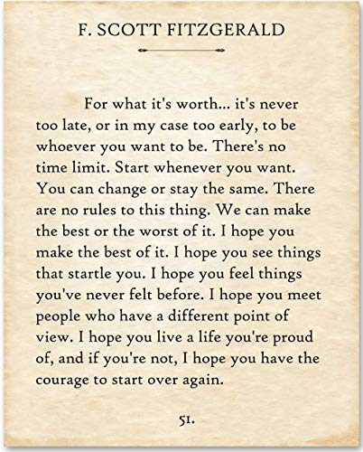 F Scott Fitzgerald Quotes Wall Art - For What It's Worth - F. Scott Fitzgerald Vintage Wall Art Decor - 11x14 - Library Decor, for Women and Men Office Decor, Book Pages - Great Gatsby Decorations