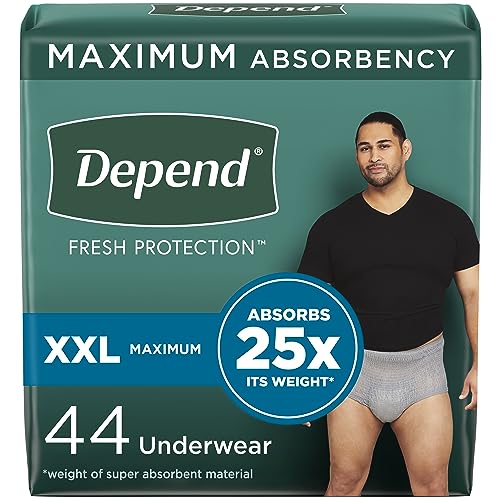Depend Fresh Protection Adult Incontinence Underwear for Men (Formerly Depend Fit-Flex), Disposable, Maximum, Extra-Extra-Large, Grey, 44 Count (2 Packs of 22), Packaging May Vary