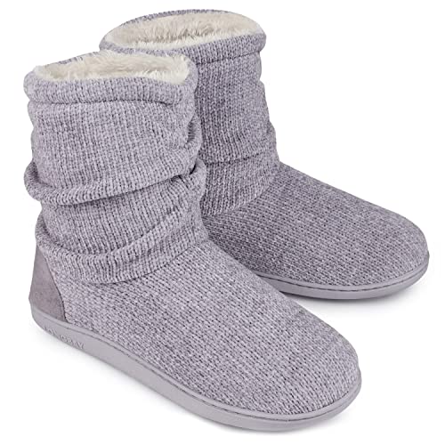 LongBay Women's Chenille Knit Bootie Slippers Cute Plush Fleece Memory Foam House Shoes (Medium / 7-8 B(M), Gray)