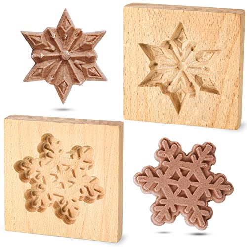 Carved Wooden Cookie Mold, Baking Embossing Cookies Stamp Mold Cutter Funny 3D Snowflake Cookie Mold Wood Snowflake Cookie Mold for Christmas Kitchen DIY Baking Tools (Snowflakes)