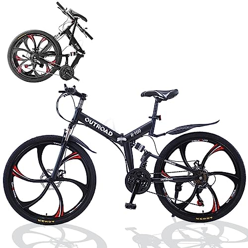 Omelaza 26 ich Folding Mountain Bike, 21 Speed Mountain Bike for Adults, MTB Foldable Bicycle with Dual-disc Brake System, Front Suspension Folding Bicycle for Men and Women Black
