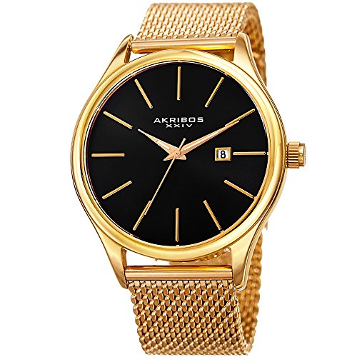 Akribos XXIV Yellow Gold Designer Men’s Watch – Classic and Casual Round Stainless Steel Mesh Fashion Bracelet Wristwatch AK959YGB