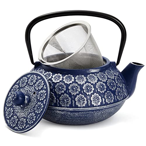 Juvale Japanese Cast Iron Teapot with Infuser for Loose Leaf and Tea Bags, Kettle Includes Handle and Removable Lid (Blue, 34oz)