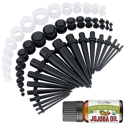 BodyJ4You 54PC Ear Stretching Kit 14G-12mm - Aftercare Jojoba Oil - Black White Acrylic Plugs Gauge Tapers Silicone Tunnels - Lightweight Expanders Men Women
