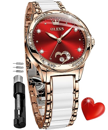 OLEVS Womens Automatic Watches Self Winding Rose Gold Ladies Diamond Elegant Dress Ceramic Female Watch Red Love Heart Date
