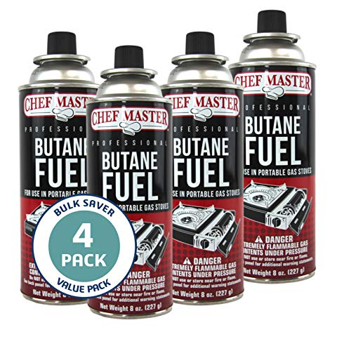 4 x 8oz. Butane Fuel Canister, Butane Fuel Refill for Kitchen Torch, Portable Gas Stove, Butane Camp Stove, Ideal for Picnic, Outdoor Cooking & Grilling, Camping Essentials by Chef Master 90340