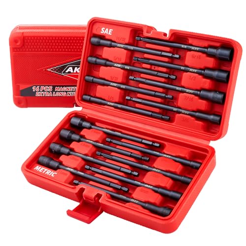 AKM TOOL 16PCS Magnetic Nut Driver Set, 6 Inches Long Nut Drivers, Nut Drivers for Impact Drill, Long Shank Nut Driver Bits, Nut Setter | 1/4'Hex Shank | SAE & Metric | Cr-V Steel
