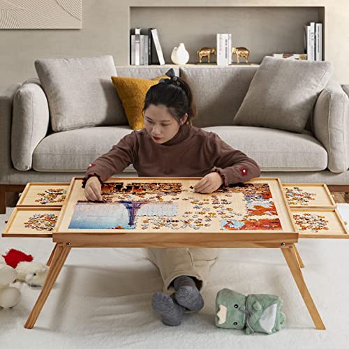 TEAKMAMA 1500 Piece Wooden Jigsaw Folding Puzzle Board, Puzzle Table with Legs and Protective Cover, 34” X 26.3” Jigsaw Puzzle Board with 4 Drawers & Cover, Portable Puzzle Tables for Adults
