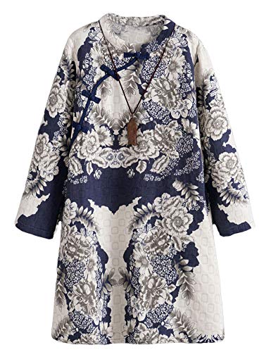 Minibee Women's Linen Dress Long Sleeve Retro Tunic Dresses Ethnic Floral Print Clothing Blue M