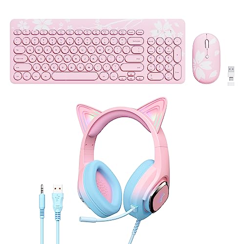 Mytrix Cat Ear Gaming Headset Compatible with PS4, PS5, Xbox, PC, MAC, Switch and Pink Wireless Keyboard Mouse Combo