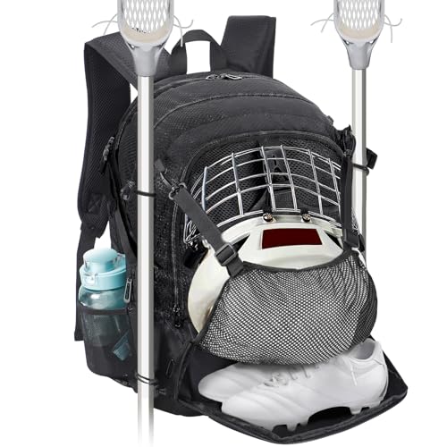 Apipi Large Capacity Lacrosse Backpack - Durable Lacrosse Bag with 3 Compartments 2 Stick Holders & Separate Shoe Storage for Holding All Lacrosse Gear Gifts