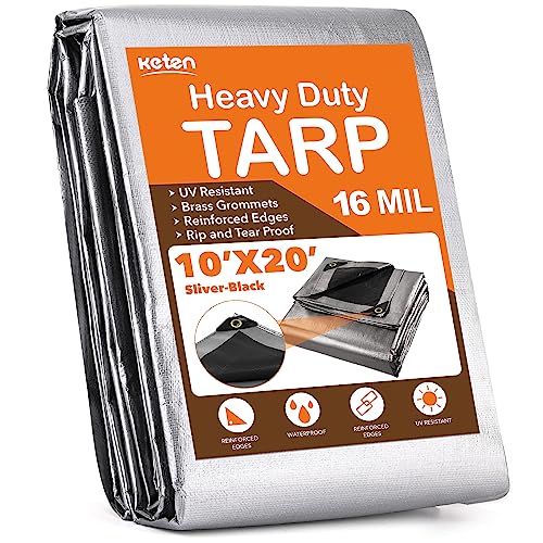 Keten Tarps Heavy Duty Waterproof 10X20 Feet, Extra Thick 16 Mil, Tear & Fade Resistant, 100% UV Blocking, Outdoor Tarp with Reinforced Grommets for Roof, Camping, Patio, Pool, Boat(Silver/Black)