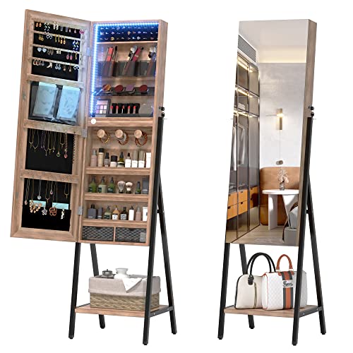 LVSOMT 3 LEDs Full Length Mirror Jewelry Cabinet, Standing Mirror with Jewelry Storage, Large Lockable Armoire for Necklaces, Earrings, Cosmetic Storage, Brown