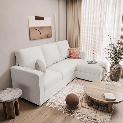 JUMMICO Convertible Sectional Sofa Couch, Fabric L-Shaped Sofa with 3 Seats, Removable Ottoman, Small Sofa for Small Apartments, Living Rooms and Offices (White)