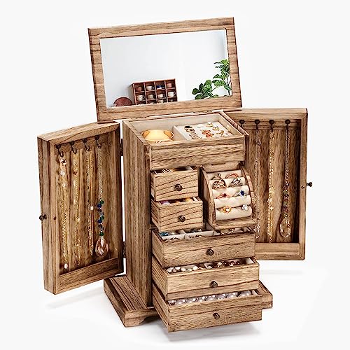 Yoimori Jewelry Box for Women, Rustic Wooden Jewelry Boxes & Organizers with Mirror & Drawers,6 Layer Jewelry Organizer Box for Rings Earrings Necklaces Bracelets (Carbonized Black)
