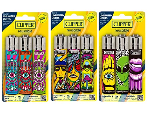 Clipper Lighter – Cp11 – Mix Designs – 9 Safe Butane Lighter - Refillable - Assorted Colors - Reusable - Soft Flame Kitchen Lighter -(Colors and Design Will Vary)