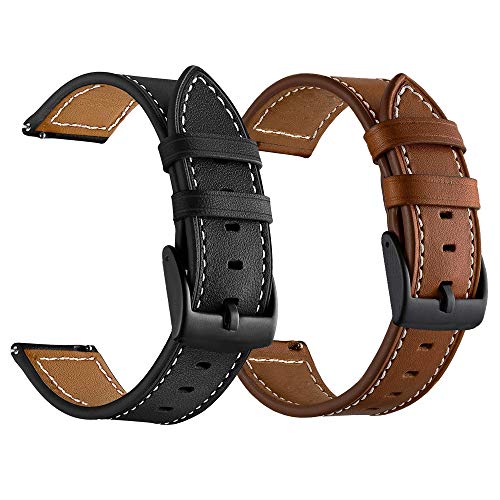 LDFAS Leather Band for Galaxy Watch 6 Classic 47mm 43mm/5 Pro 45mm Bands, 20mm Watch Strap Compatible for Samsung Galaxy Watch 6/5/4 40mm 44mm/Active 3 41mm Band, Black/Brown+Black (2 Pack)