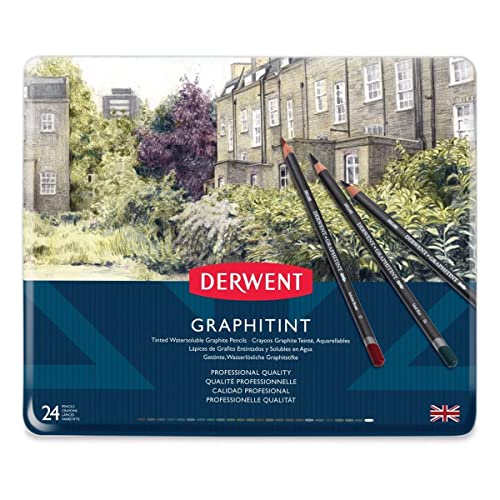 Derwent Graphitint Pencils Tin, Set of 24, Great for Holiday Gifts, Unique Blend of Graphite and Color, Watersoluble, Ideal for Mixed Media, Professional Quality (0700803)
