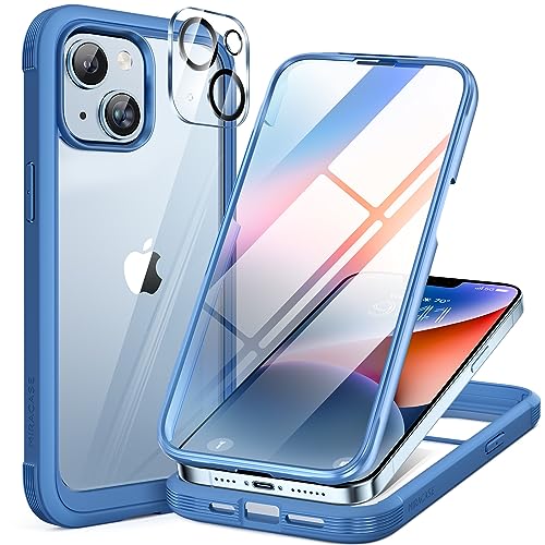 Miracase Glass Series Designed for iPhone 14 Case 6.1 inch, 2023 Upgrade Full-Body Clear Bumper Phone Case with Built-in 9H Tempered Glass Screen Protector and Camera Lens Protector,Blue