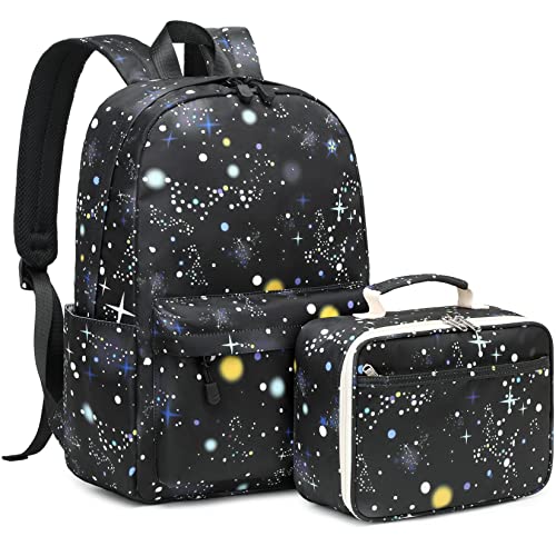 Lohol Galaxy School Backpack with Lunch Box, Lightweight BookBag Set for Boys Kids （Black）