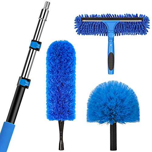 20 Feet High Reach Duster Kit with 5-12 Ft Extension Pole, Cobweb Duster with Telescoping Pole, Window Squeegee with Scrubber, Spider Web Brush, High Ceiling Fan Duster for High Window, Interior Roof