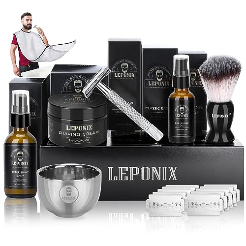 Shaving Kit for Men, Include Safety Razor, Sandalwood Shaving Cream, Mens Aftershave, Pre Shave Oil, Shaving Brush and Bowl, Shaving Apron Bib -Unique Gifts for Men Him Stocking Stuffers
