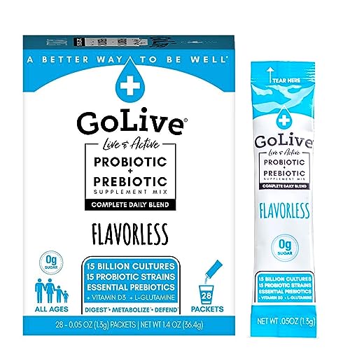 GoLive Probiotics & Prebiotics FLAVORLESS/SUGARLESS Synbiotic Powder, Probiotics + Prebiotics for Women, Men & Kids +15 Billion CFUs, 15 Clinical Strains for Immune & Digestive Health. 28's pack