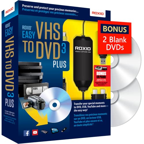 Roxio Easy VHS to DVD 3 Plus VHS, Hi8, V8 Video to DVD or Digital Converter Amazon Exclusive 2 Bonus DVDs [Windows Disc]
