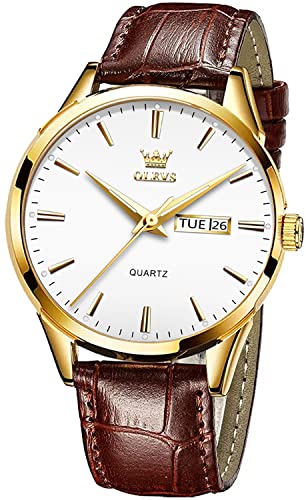 Men's Wrist Watches for Men Brown Leather White Dial Thin Big Face Analog Quartz Calendar Day Date Gifts Waterproof Luminous, Male Luxury Casual