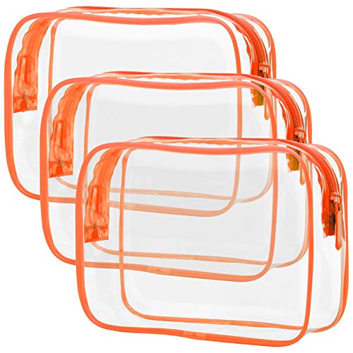 PACKISM Clear Makeup Bag with Zipper, 3 Pack Beauty Clear Cosmetic Bag TSA Approved Toiletry Bag, Travel Clear Toiletry Bag, Quart Size Bag Carry on Airport Airline Compliant Bag, Orange