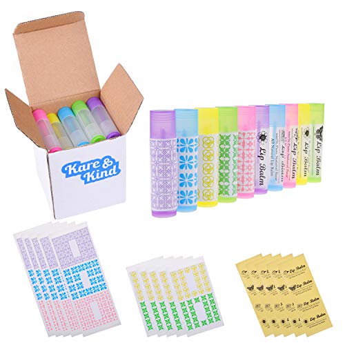 Lip Balm Container Tubes - 25-Pack (5x5 colors) - DIY - 3/16 Oz (5.5 ml) - Including 25 Writeable (5x5 colors) & 25 Printed Stickers - Twist Mechanism and Cap - Empty - Make Lip Balm Chapsticks