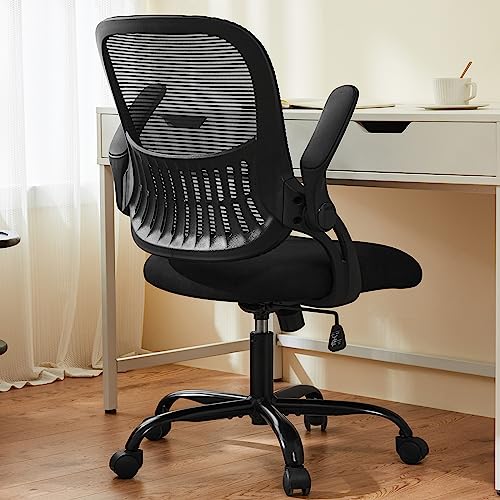 Sweetcrispy Office Computer Desk Chair, Ergonomic Mid-Back Mesh Rolling Work Swivel Task Chairs with Wheels, Comfortable Lumbar Support, Comfy Flip-up Arms for Home, Bedroom, Study, Student, Black